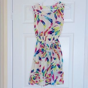 💛 Like new! Sheer Single Layer Cream with Florescent Feather Print Dress